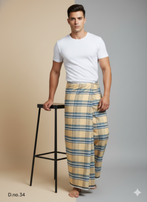 Men's Classic Polyester Lungi - Beige, Blue & Grey Check (2.25 Meters) - D.no. 34