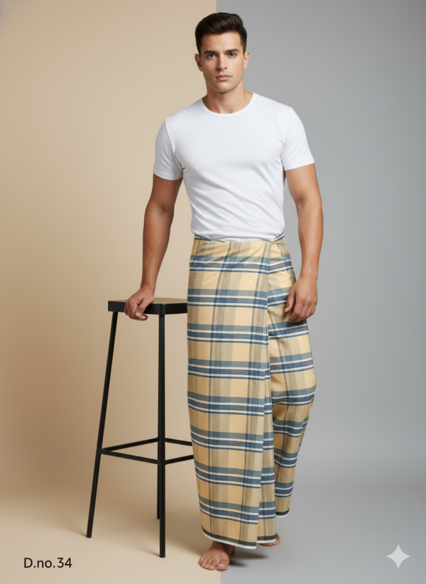 Men's Classic Polyester Lungi - Beige, Blue & Grey Check (2.25 Meters) - D.no. 34