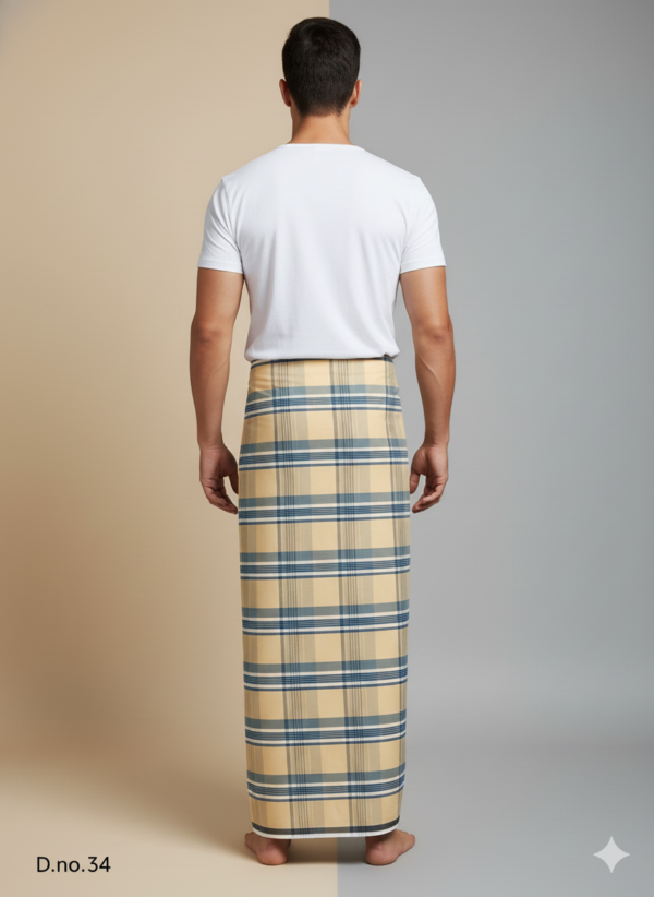 Men's Classic Polyester Lungi - Beige, Blue & Grey Check (2.25 Meters) - D.no. 34