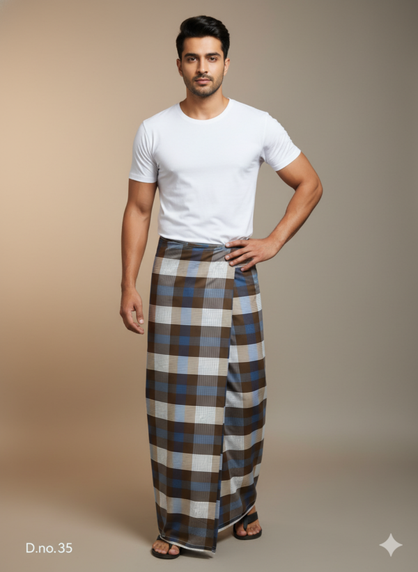 Men's Classic Polyester Lungi - Dark Brown, Beige & White Check (2.25 Meters) - D.no. 35