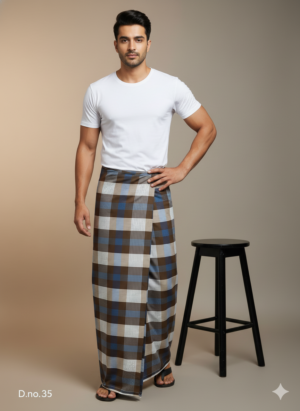 Men's Classic Polyester Lungi - Dark Brown, Beige & White Check (2.25 Meters) - D.no. 35