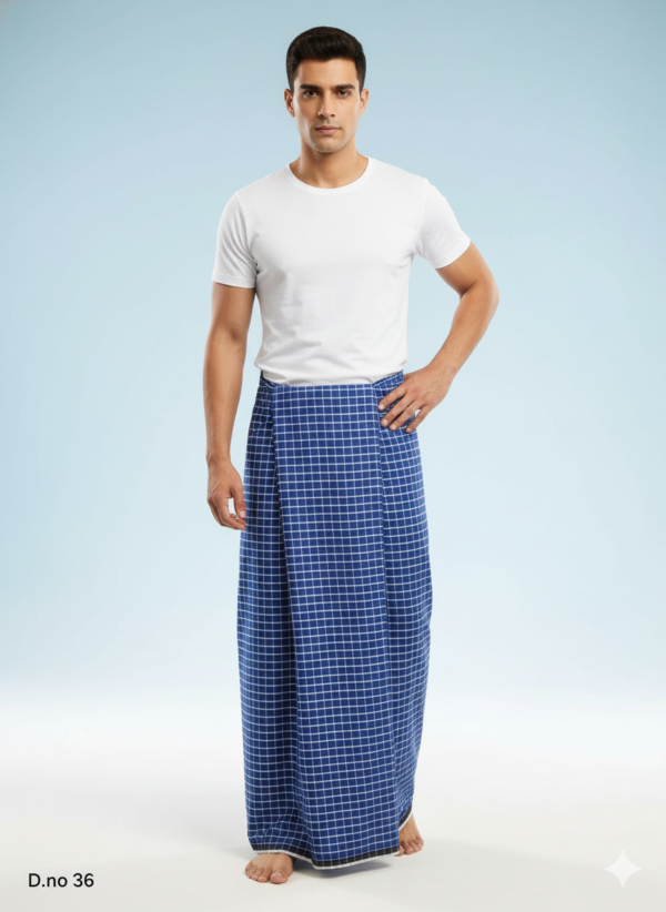 Men's Smart Polyester Lungi - Blue with White Grid Check (2.25 Meters) - D.no. 36