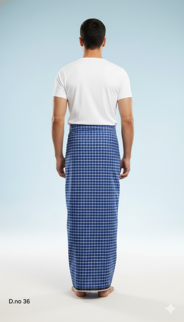 Men's Smart Polyester Lungi - Blue with White Grid Check (2.25 Meters) - D.no. 36