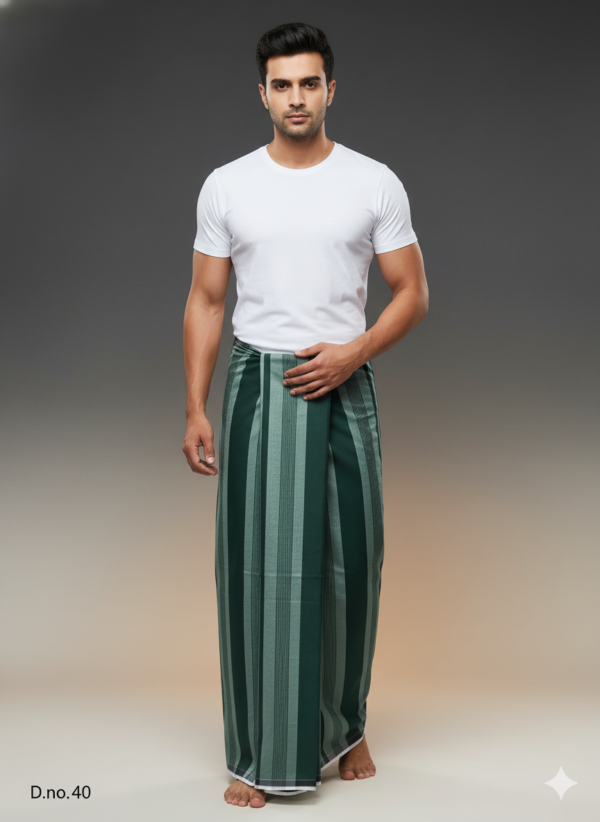 Men's Elegant Polyester Lungi - Dual-Tone Green Vertical Stripes (2.25 Meters) - D.no. 40