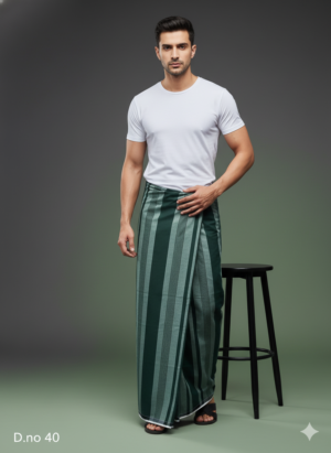 Men's Elegant Polyester Lungi - Dual-Tone Green Vertical Stripes (2.25 Meters) - D.no. 40