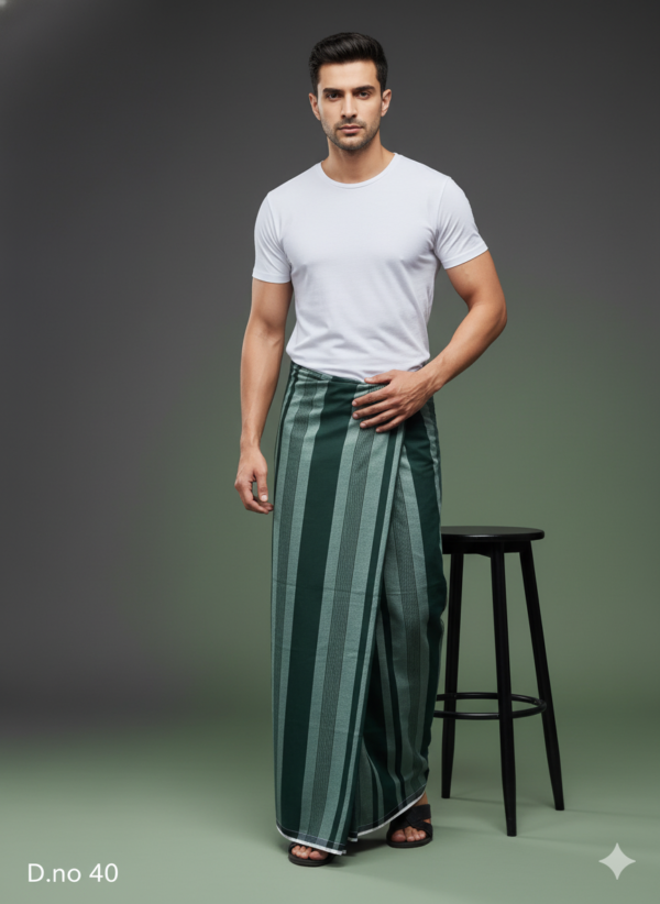 Men's Elegant Polyester Lungi - Dual-Tone Green Vertical Stripes (2.25 Meters) - D.no. 40