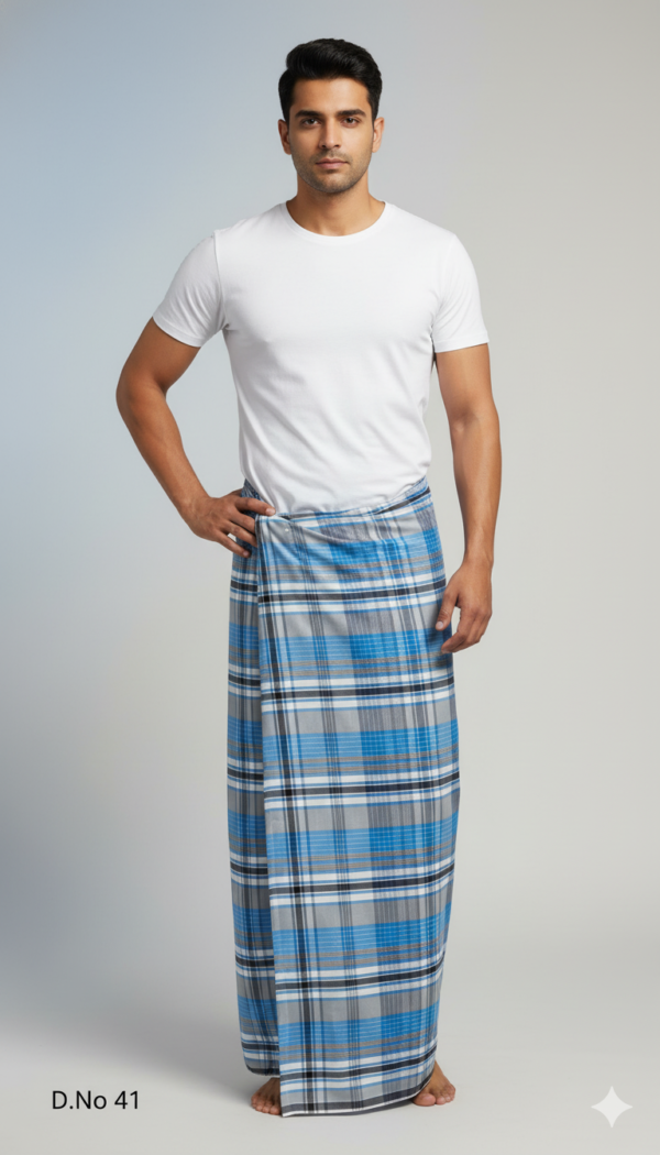 Generated Image December 24, 2025 - 3_09AM Men's Cool Polyester Lungi - Blue & Grey Check (2.25 Meters) - D.no. 41