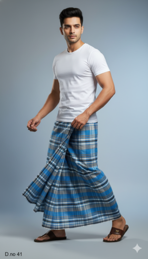 Men's Cool Polyester Lungi - Blue & Grey Check (2.25 Meters) - D.no. 41