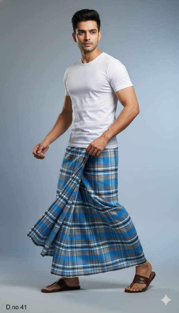 Generated Image December 24, 2025 - 3_47AM Men's Cool Polyester Lungi - Blue & Grey Check (2.25 Meters) - D.no. 41