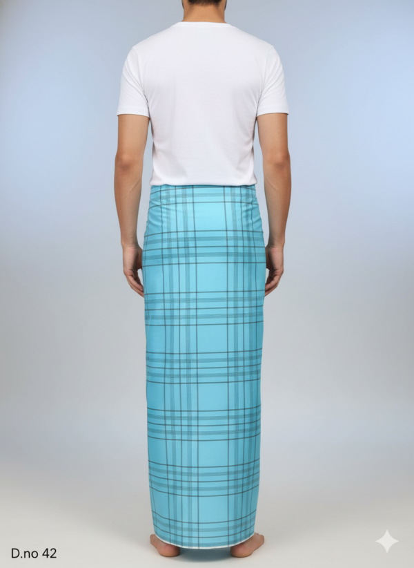 Men's Vibrant Polyester Lungi - Aqua Blue with Dark Grid Check (2.25 Meters) - D.no. 42