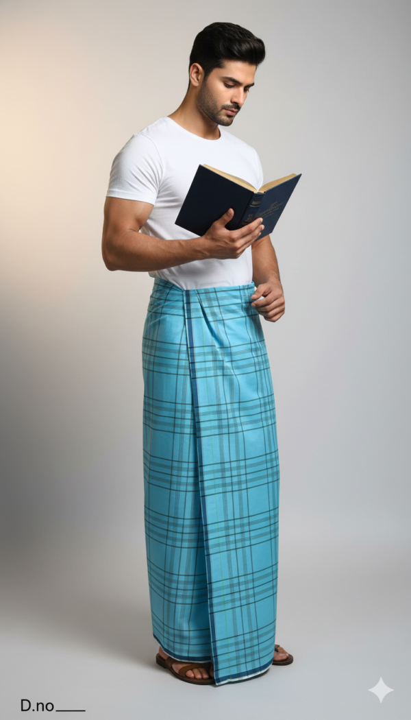 Men's Vibrant Polyester Lungi - Aqua Blue with Dark Grid Check (2.25 Meters) - D.no. 42