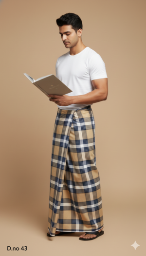 Men's Classic Polyester Lungi - Beige, Navy & White Check (2.25 Meters) - D.no. 43