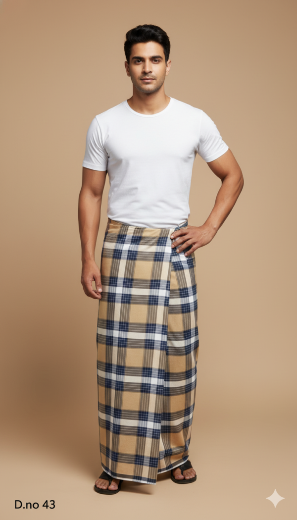 Men's Classic Polyester Lungi - Beige, Navy & White Check (2.25 Meters) - D.no. 43