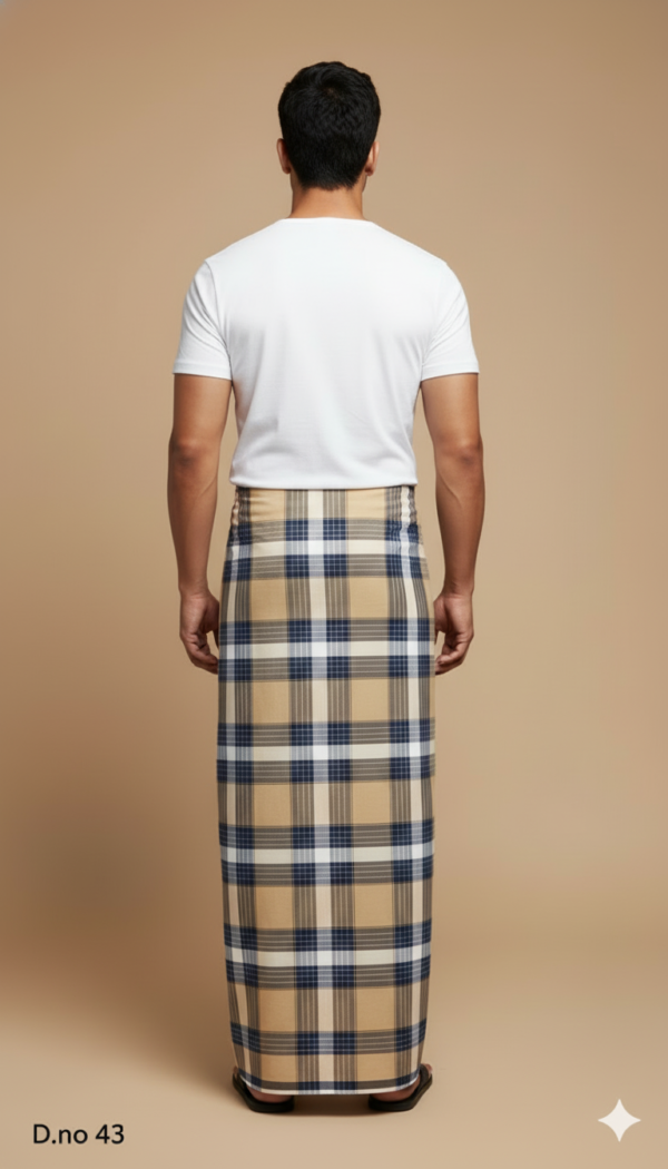 Men's Classic Polyester Lungi - Beige, Navy & White Check (2.25 Meters) - D.no. 43