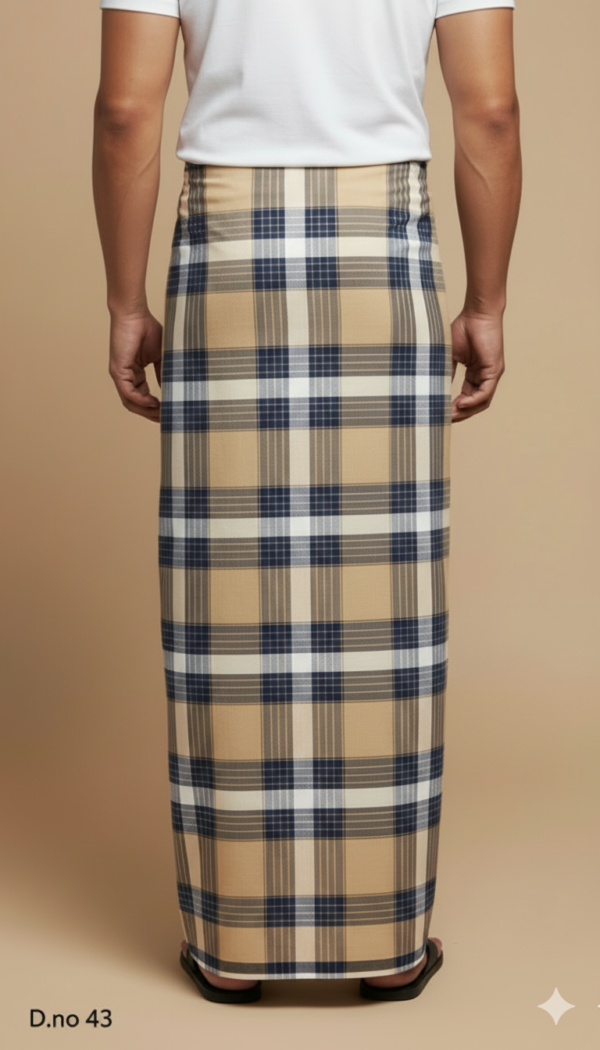 Men's Classic Polyester Lungi - Beige, Navy & White Check (2.25 Meters) - D.no. 43