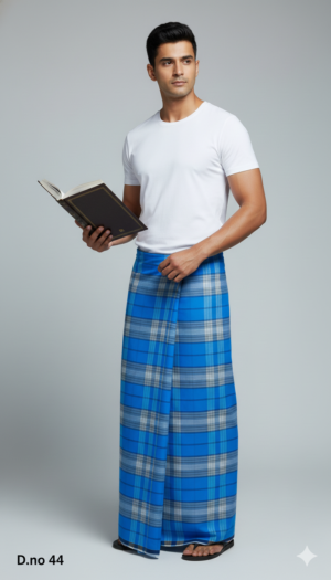 Men's Serene Polyester Lungi - Blue & Grey Tone-on-Tone Check (2.25 Meters) - D.no. 44
