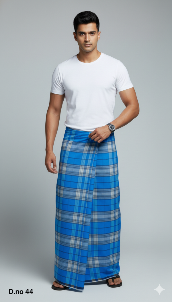 Men's Serene Polyester Lungi - Blue & Grey Tone-on-Tone Check (2.25 Meters) - D.no. 44
