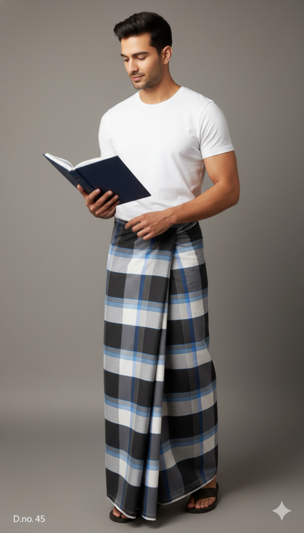 Men's Smart Polyester Lungi - Black, White & Blue Check (2.25 Meters) - D.no. 45