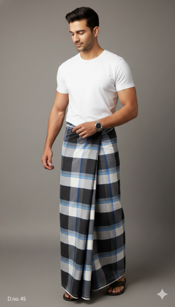 Men's Smart Polyester Lungi - Black, White & Blue Check (2.25 Meters) - D.no. 45