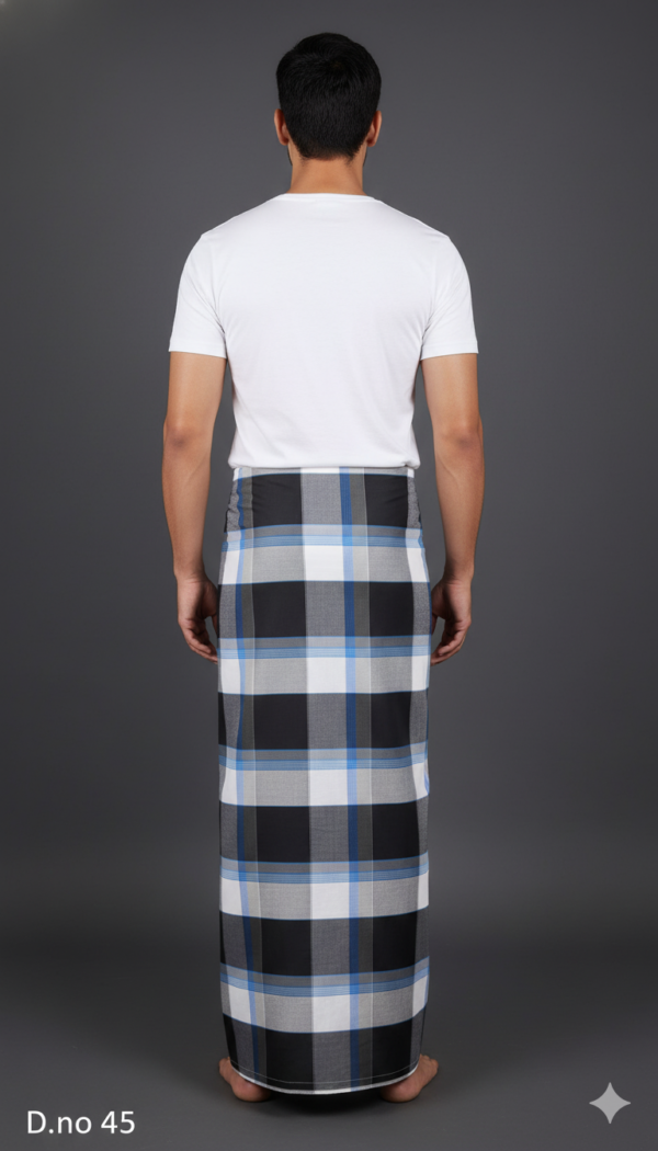 Men's Smart Polyester Lungi - Black, White & Blue Check (2.25 Meters) - D.no. 45