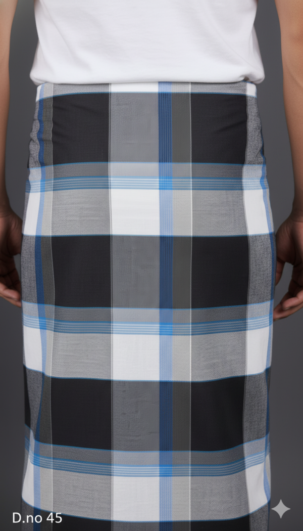 Men's Smart Polyester Lungi - Black, White & Blue Check (2.25 Meters) - D.no. 45