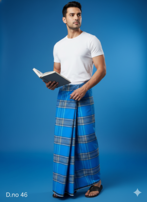 Men's Electric Polyester Lungi - Vibrant Blue & Grey Check (2.25 Meters) - D.no. 46