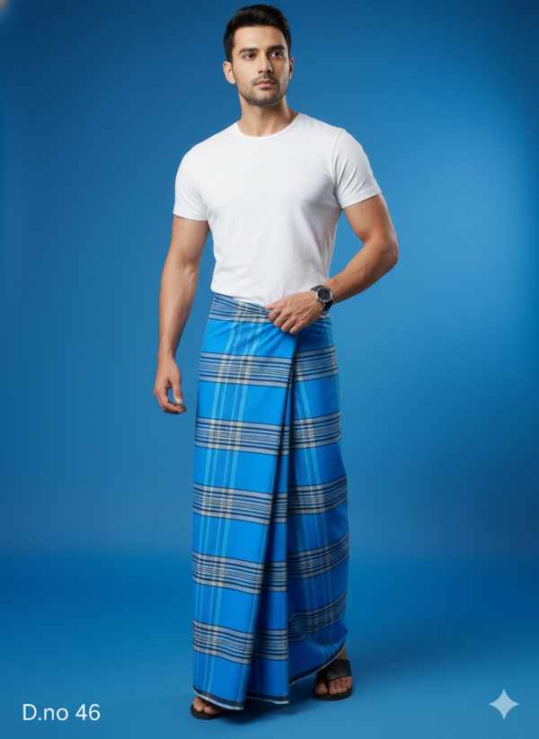 Men's Electric Polyester Lungi - Vibrant Blue & Grey Check (2.25 Meters) - D.no. 46