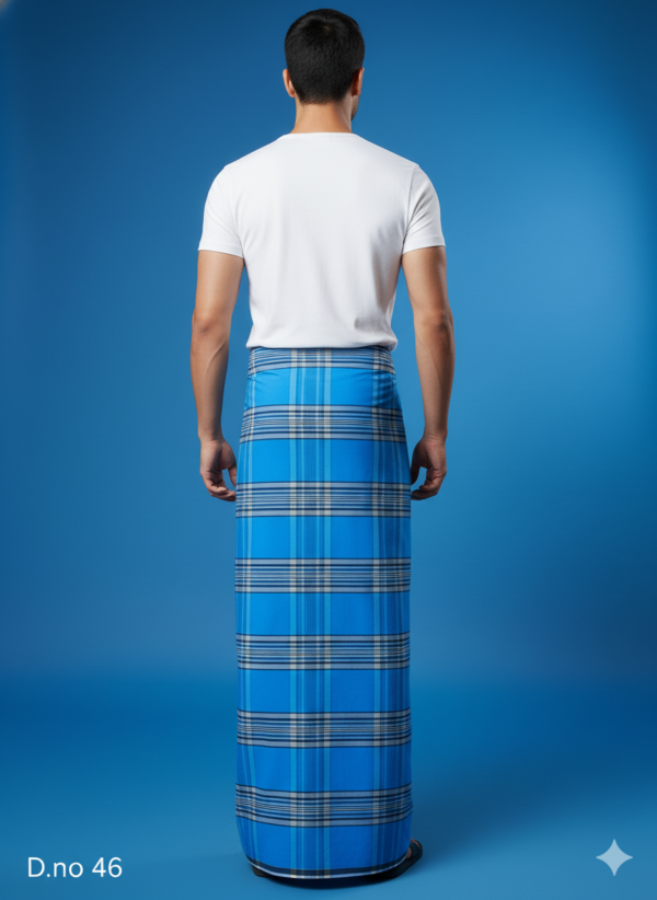 Men's Electric Polyester Lungi - Vibrant Blue & Grey Check (2.25 Meters) - D.no. 46