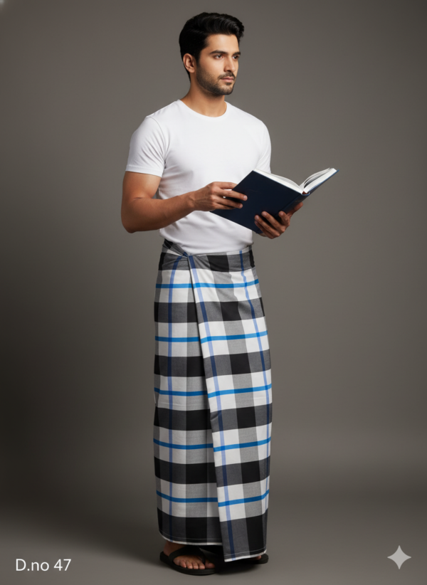 Men's Sophisticated Polyester Lungi - Black, White & Blue Grid Check (2.25 Meters) - D.no. 47