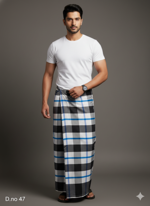 Men's Sophisticated Polyester Lungi - Black, White & Blue Grid Check (2.25 Meters) - D.no. 47