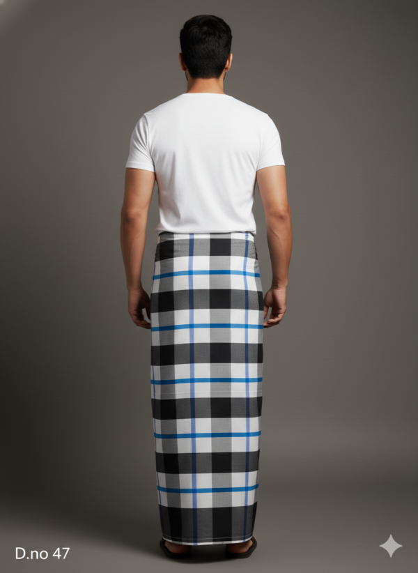 Men's Sophisticated Polyester Lungi - Black, White & Blue Grid Check (2.25 Meters) - D.no. 47