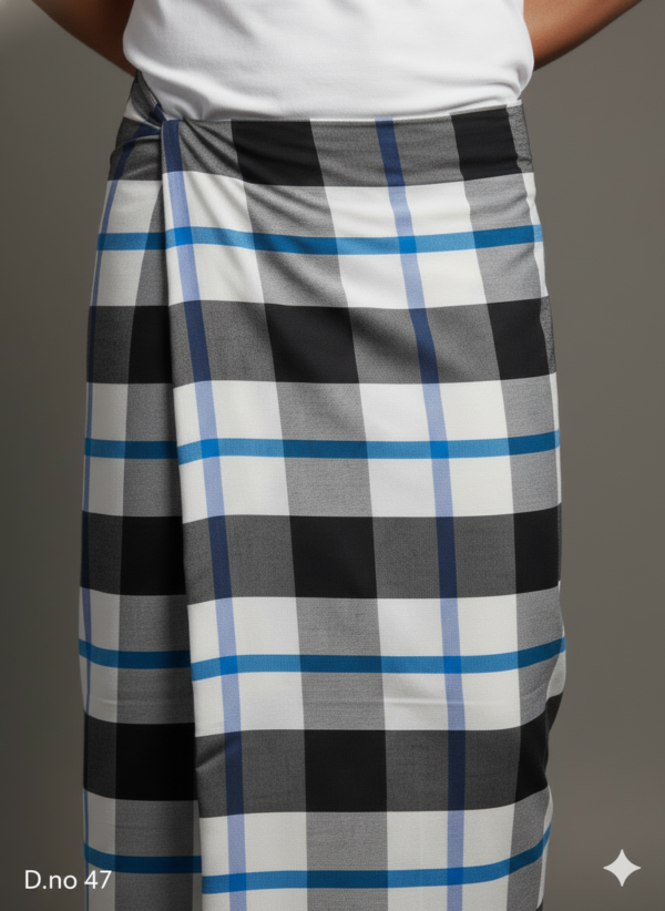 Men's Sophisticated Polyester Lungi - Black, White & Blue Grid Check (2.25 Meters) - D.no. 47