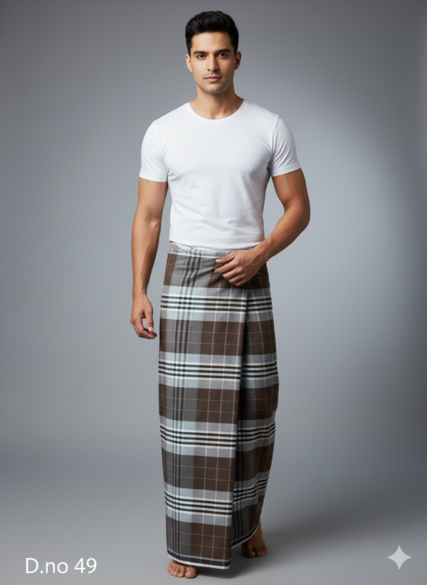 Men's Distinguished Polyester Lungi - Dark Brown, Grey & Pale Blue Check (2.25 Meters) - D.no. 49