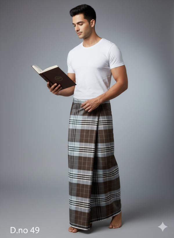 Men's Distinguished Polyester Lungi - Dark Brown, Grey & Pale Blue Check (2.25 Meters) - D.no. 49