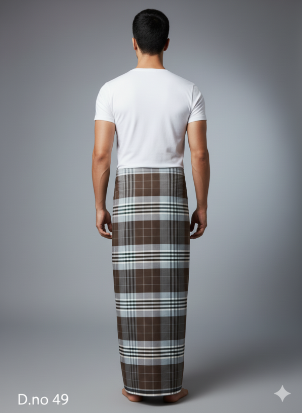 Men's Distinguished Polyester Lungi - Dark Brown, Grey & Pale Blue Check (2.25 Meters) - D.no. 49