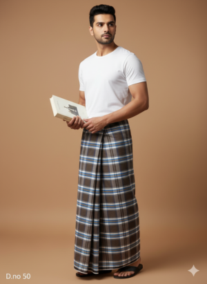 Men's Refined Polyester Lungi - Dark Brown, Blue & White Check (2.25 Meters) - D.no. 50