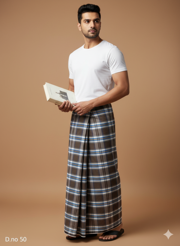 Men's Refined Polyester Lungi - Dark Brown, Blue & White Check (2.25 Meters) - D.no. 50