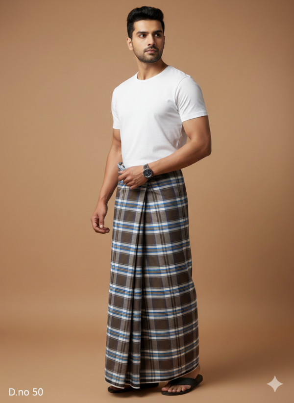 Men's Refined Polyester Lungi - Dark Brown, Blue & White Check (2.25 Meters) - D.no. 50
