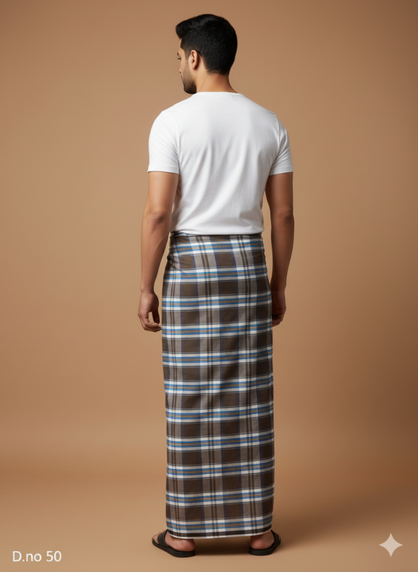 Men's Refined Polyester Lungi - Dark Brown, Blue & White Check (2.25 Meters) - D.no. 50