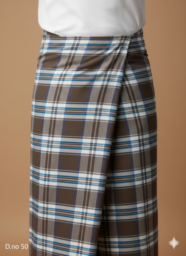 Men's Refined Polyester Lungi - Dark Brown, Blue & White Check (2.25 Meters) - D.no. 50