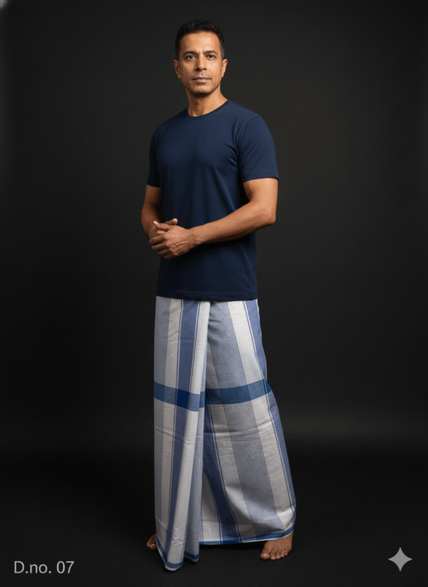 Men's Classic Lungi - Crisp White & Blue Striped Check