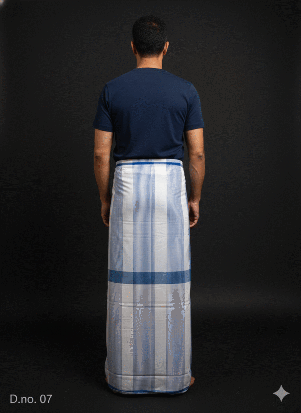 Men's Classic Lungi - Crisp White & Blue Striped Check
