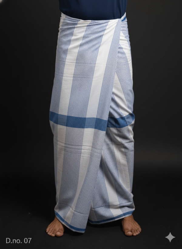 Men's Classic Lungi - Crisp White & Blue Striped Check