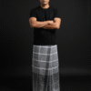 Men's Modern Lungi - Grey Plaid with Bold Striped Border