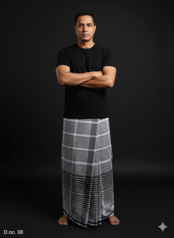 Men's Modern Lungi - Grey Plaid with Bold Striped Border