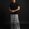 Men's Modern Lungi - Grey Plaid with Bold Striped Border