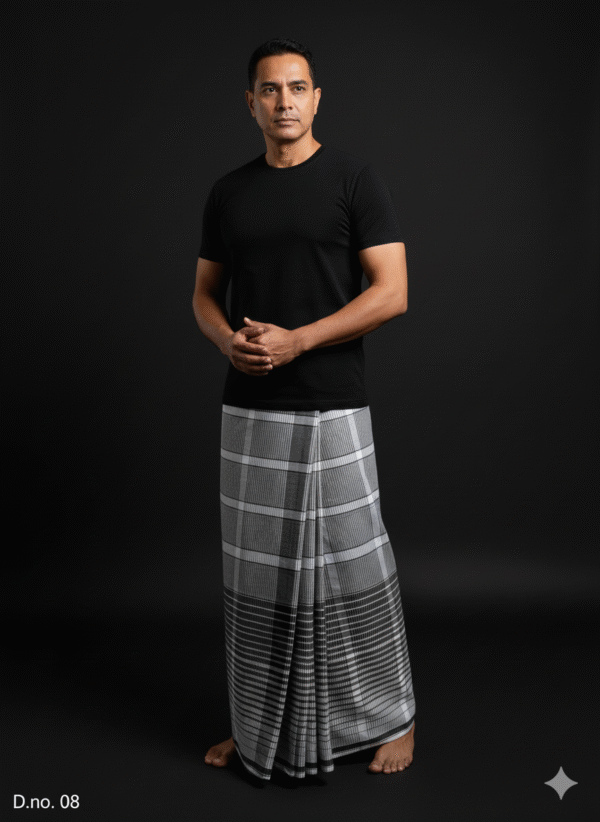 Men's Modern Lungi - Grey Plaid with Bold Striped Border