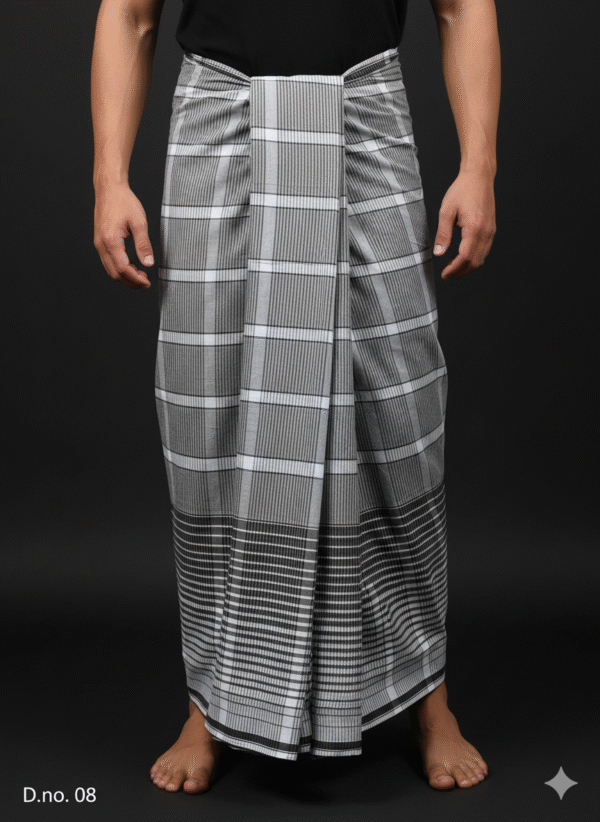 Men's Modern Lungi - Grey Plaid with Bold Striped Border