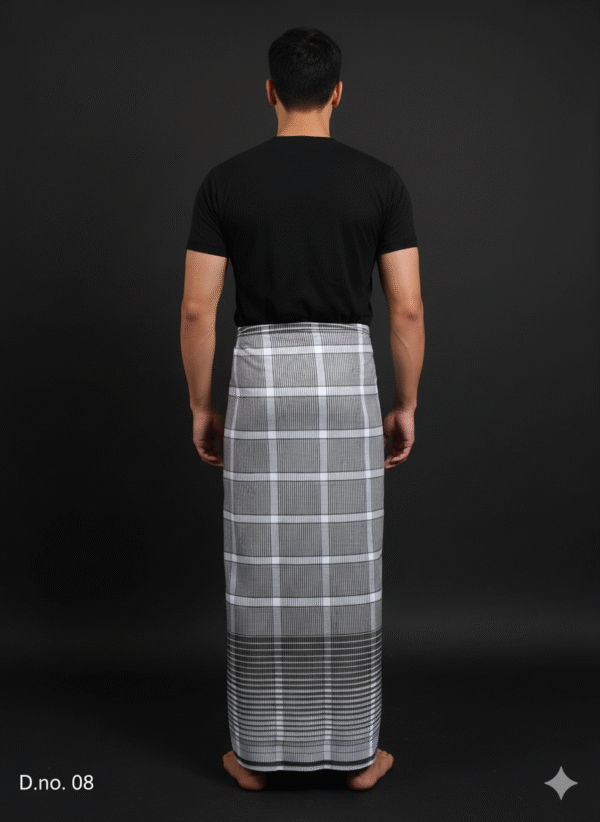 Men's Modern Lungi - Grey Plaid with Bold Striped Border