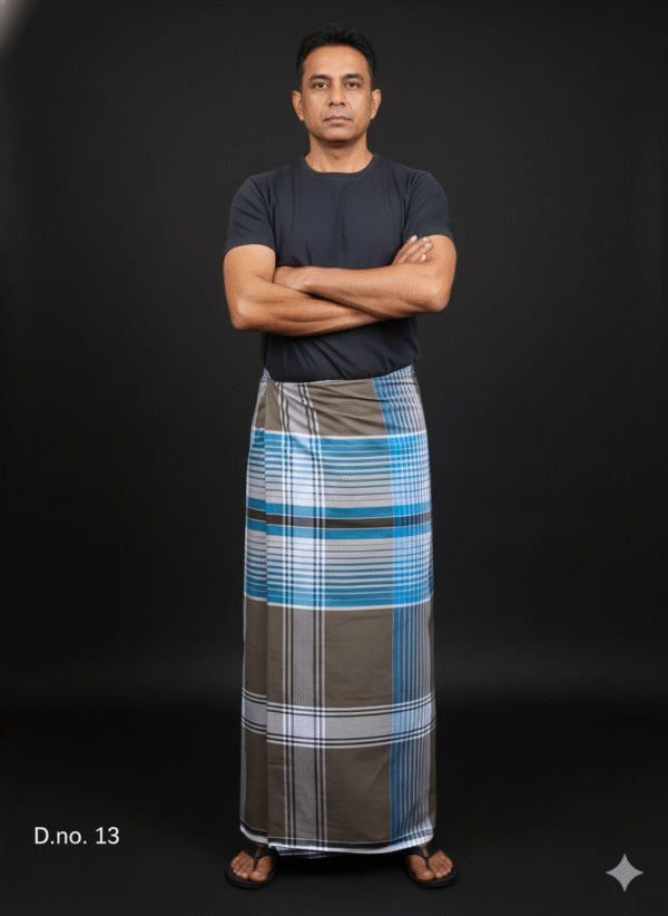 Men's Distinctive Plaid Lungi - Khaki, Blue & Grey Check